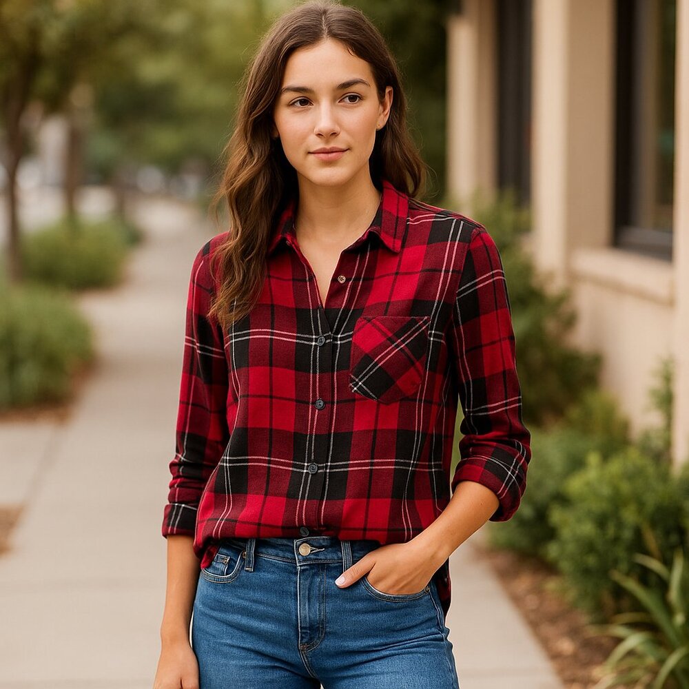 Rails Hunter Plaid Button-Down Shirt – Soft Draped Rayon – Size S